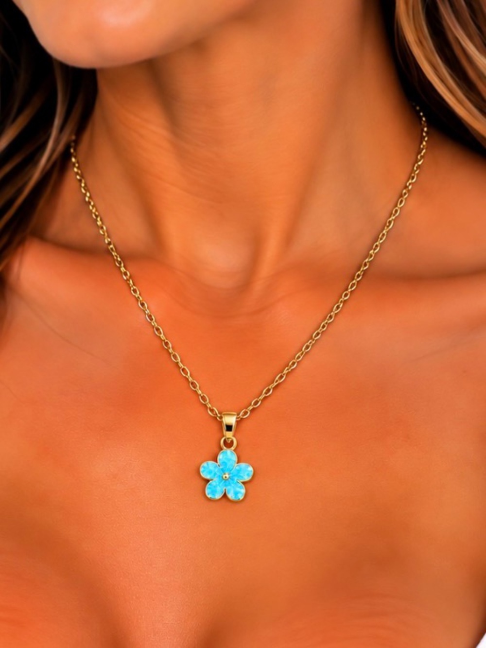Blue Flower Enamel Pendant Necklace - Gold Tone Chaim-Women Jewelry